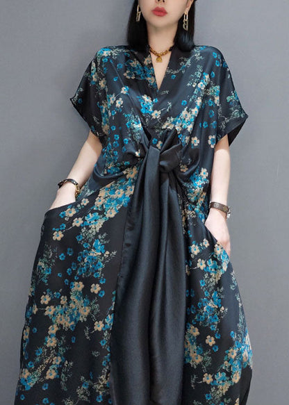 Blue Patchwork Silk Maxi Dresses Short Sleeve