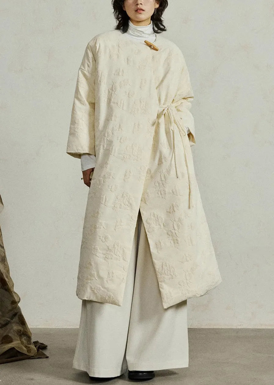 Art Beige O-neck Lace Up Pockets Duck Down Coat Winter