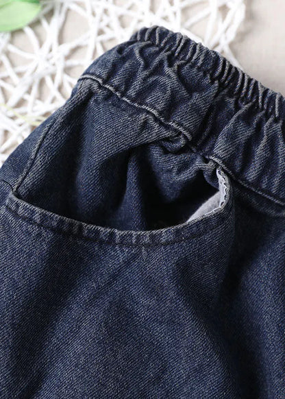 Blue Elastic Waist Pockets Harem Denim Fall Patchwork Pants
