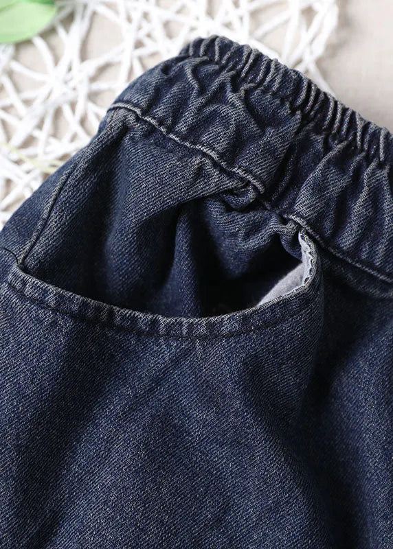 Blue Elastic Waist Pockets Harem Denim Fall Patchwork Pants