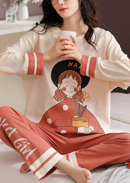Beige Print T Ahirt and Orange Pants Cotton Pajamas Two Pieces Set Fall
