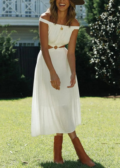 White Slash Neck Hollow Out Cotton Dresses Sleeveless