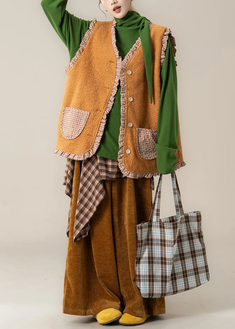 Plaid Orange Ruffled Wear on Both Sides Teddy Waistcoat and Pants Two Pieces Set Fall
