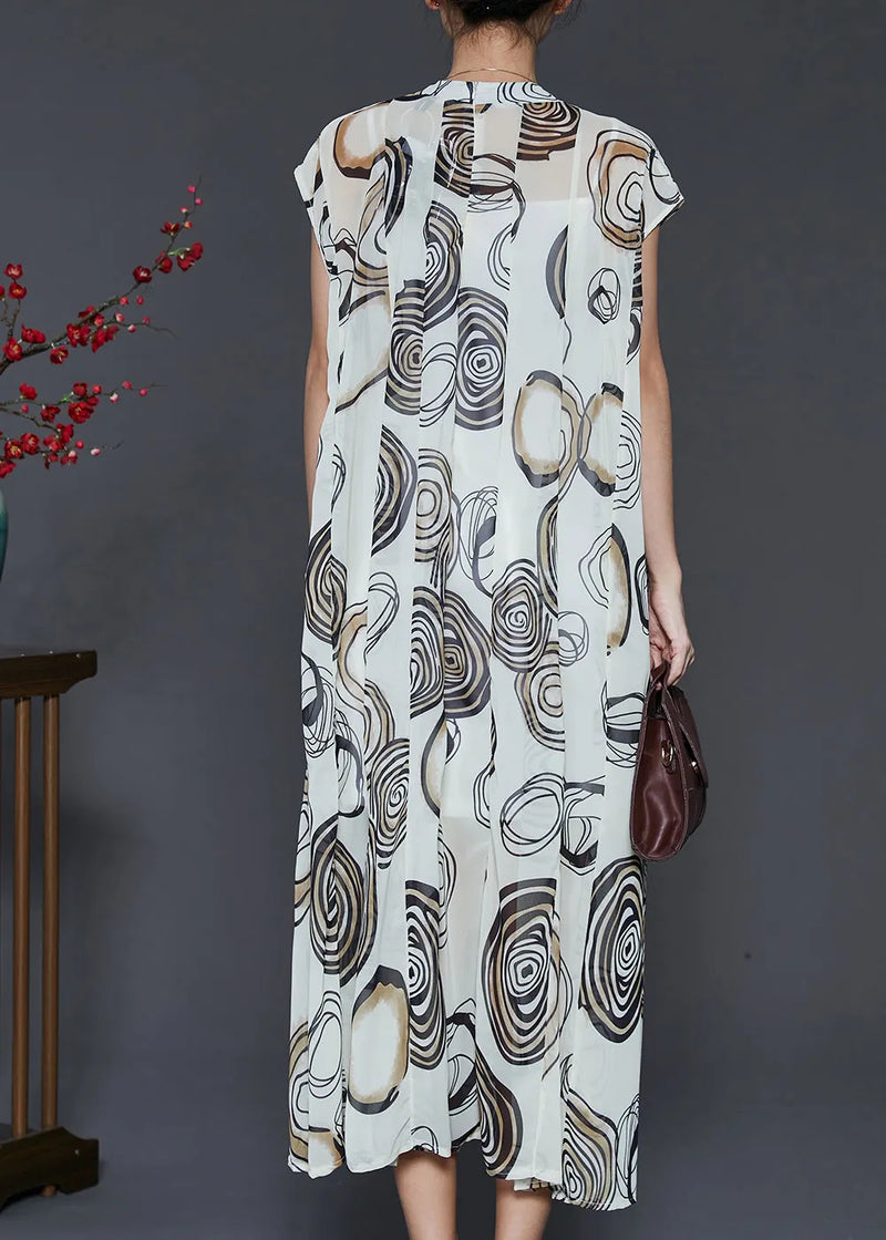 White Stand Collar Print Chiffon Holiday Dress Two Piece Set Summer