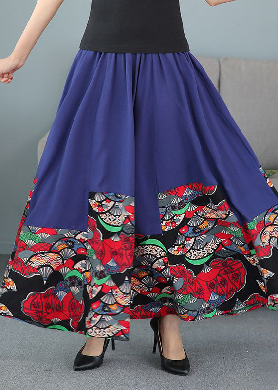 Black Print Elastic Waist Patchwork Cotton Skirts Fall