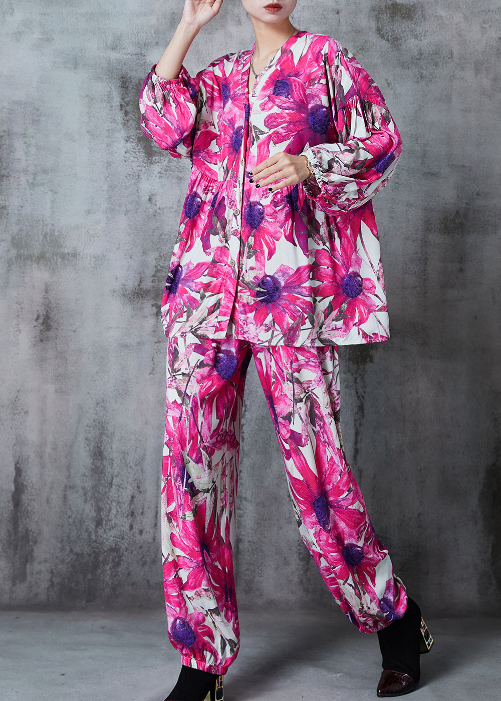 Rose Oversized Print Cotton Two Pieces Set Summer