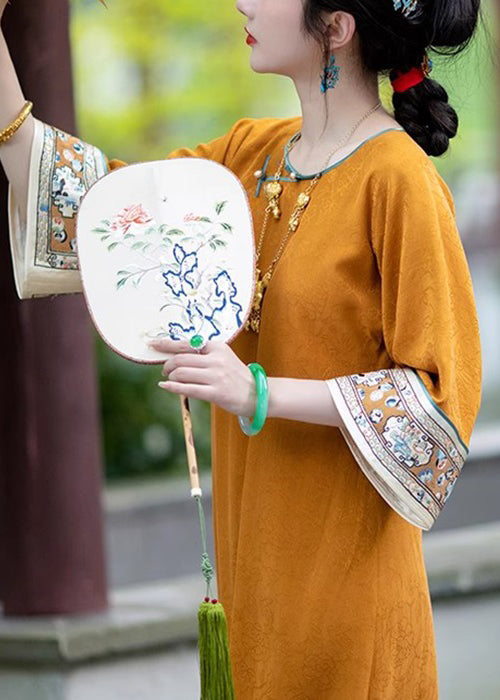 Orange Button Print Silk Long Dresses Bracelet Sleeve
