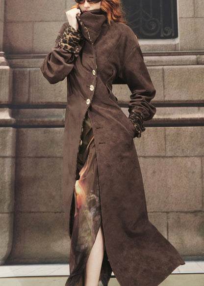 Chocolate Leopard Tie Waist Faux Suede Long?trench?coat Winter
