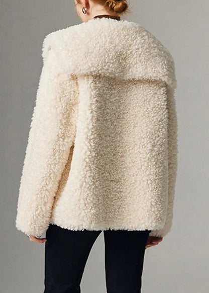 French White Sailor Collar Button Cozy Faux Fur Coats Winter