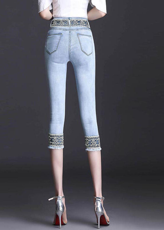 Boutique Light Blue High Waist Zip Up Lace Patchwork Slim Cotton Denim Crop Pants Summer