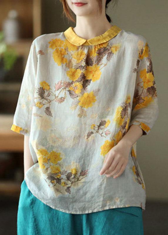 Natural Navy Peter Pan Collar Print Summer Ramie Half Sleeve