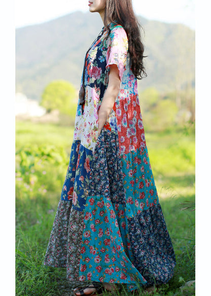 Original Design Stand Collar Print Patchwork Dress Short Sleeve