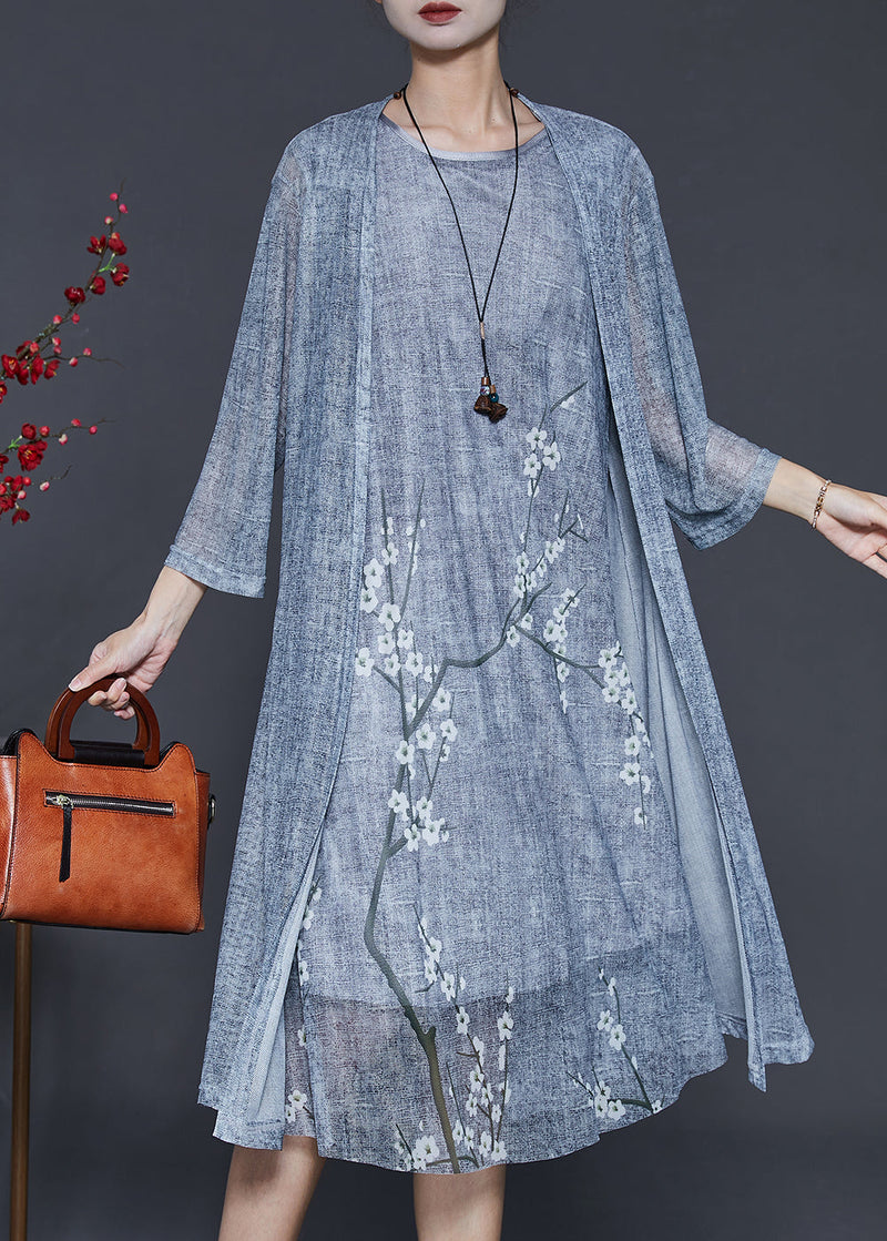 Grey Oversized Print Chiffon Two Pieces Set Summer