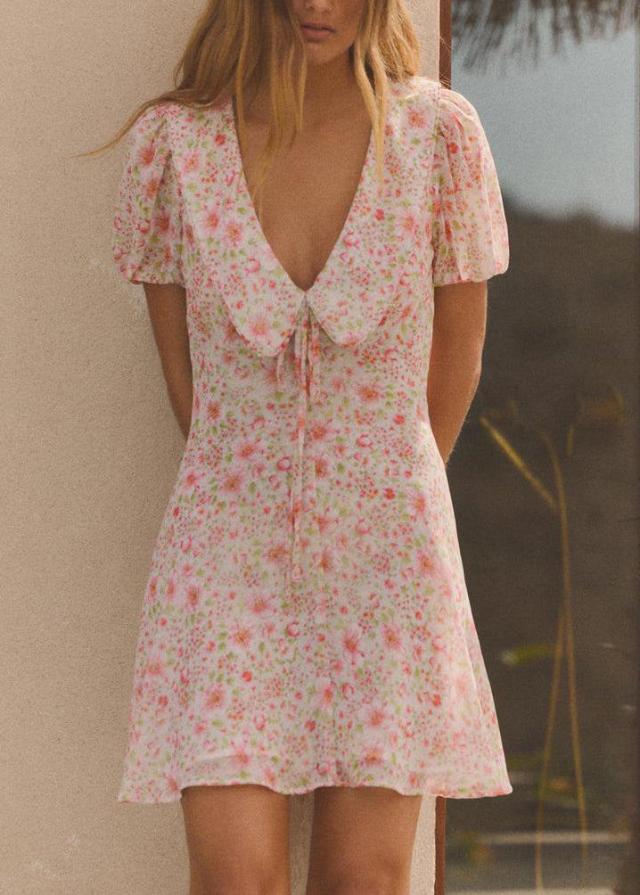 Pink Print Lace Up Cotton Mid Dress Summer