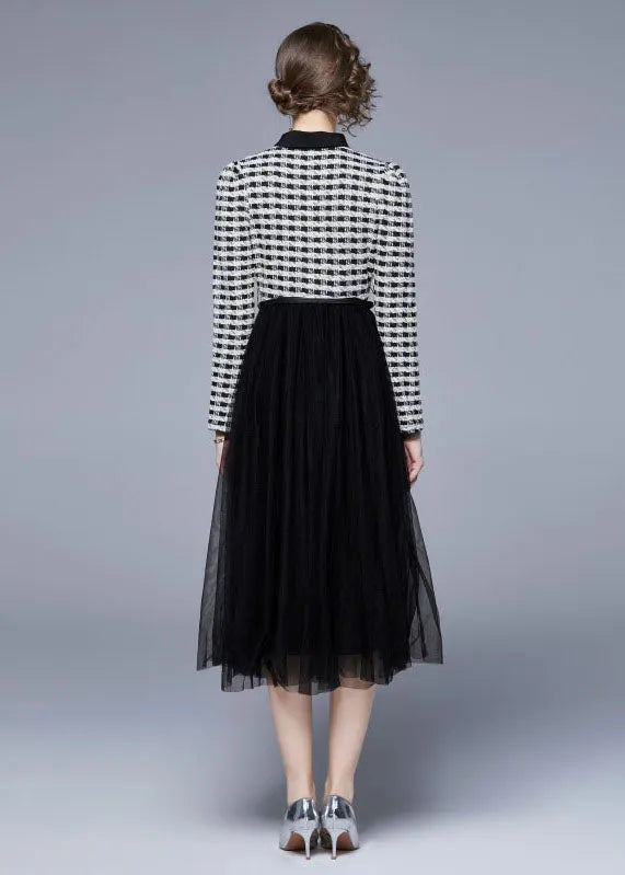 Black Peter Pan Collar Patchwork Tulle Cinch Dress Spring