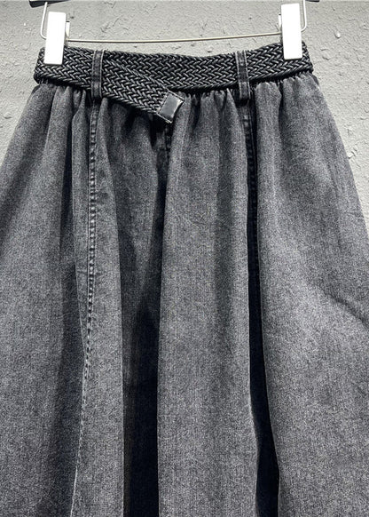 Black Gray Elastic Waist Pleated Pocket Denim Skirt Autumn