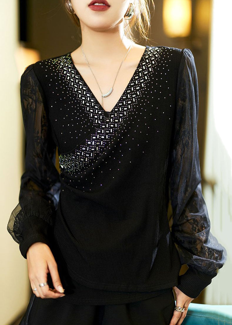 Black Zircon Lace Patchwork Cotton Knit Top Long Sleeve