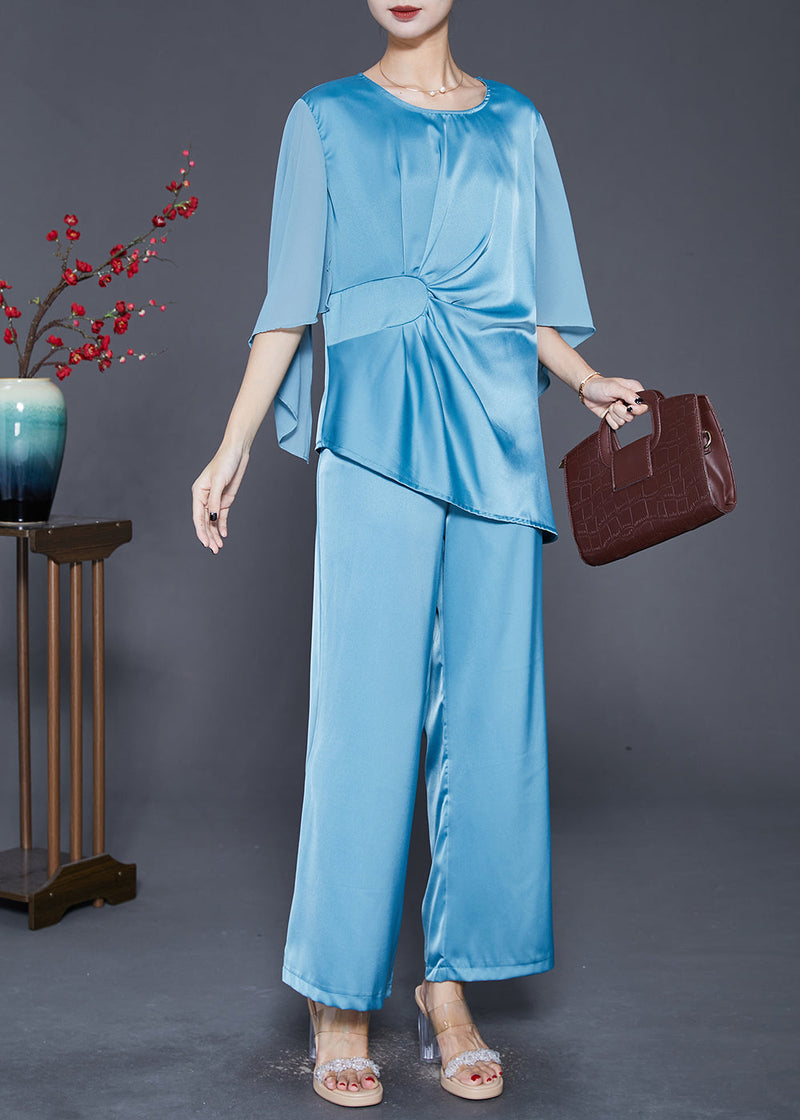 Lake Blue Asymmetrical Wrinkled Silk Two Pieces Set Fall