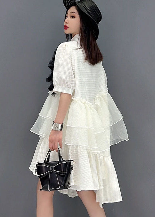 White Peter Pan Collar Asymmetrical Design Ruffles Patchwork Tulle Maxi Dresses Short Sleeve