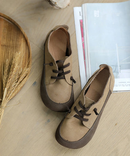 Cross Strap Flat Feet Shoes Apricot Cowhide Leather