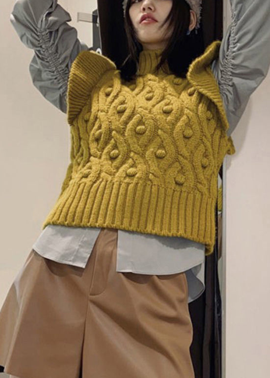 Italian Yellow Ruffles Turtle Neck Cable Knit Vest Grey Wrinkled Shirt Top Two Piece Outfit Spring