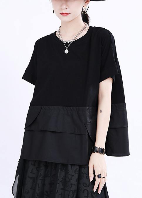 Black O-neck Patchwork Cotton Tops Summer