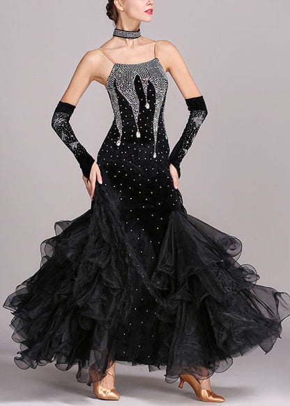 Blackish Green Zircon Tulle Patchwork Spaghetti Strap Dress Sleeveless