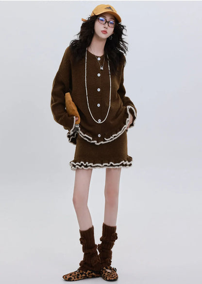 Chocolate Cozy Knit Cardigan and Skirt Two Pieces Set Ruffled Winter