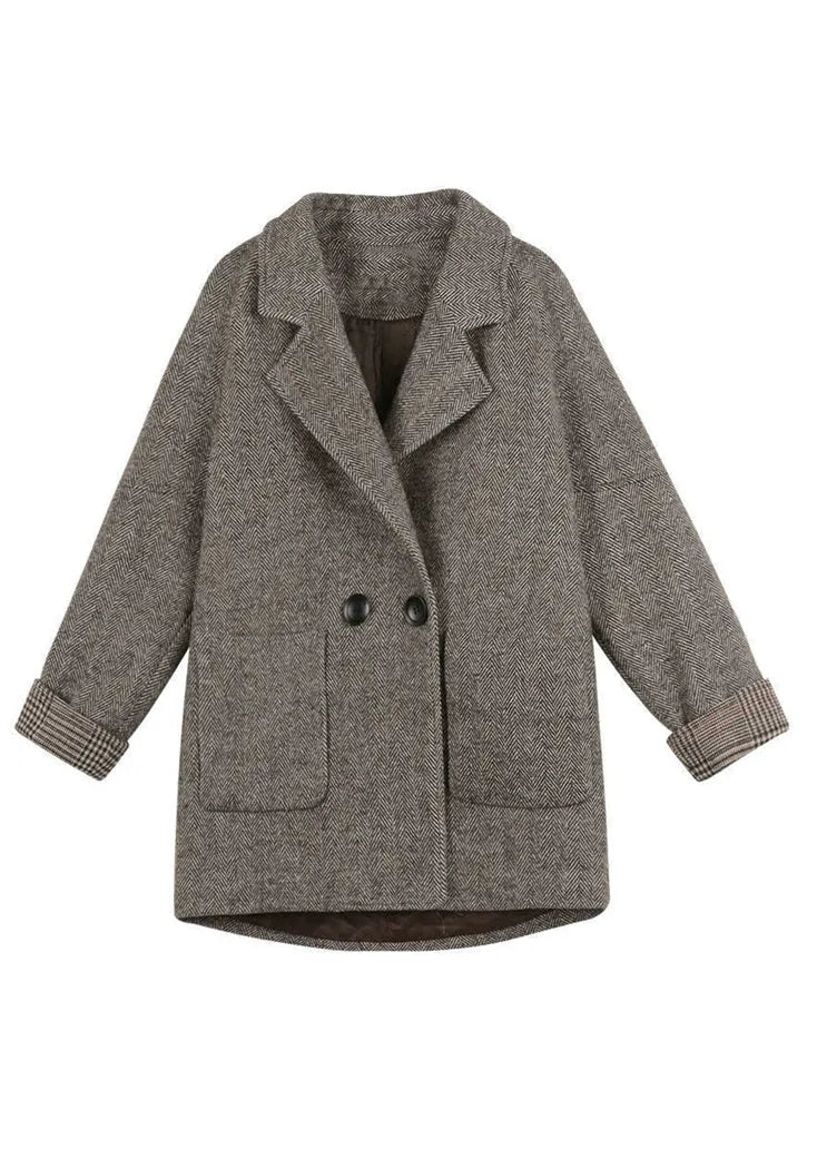 Khaki Notched Pockets Woolen Coat Winter