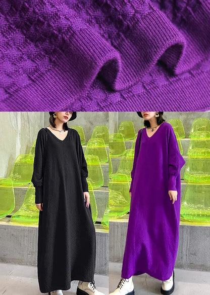Art Purple V Neck Loose Fall Long Knit Dress