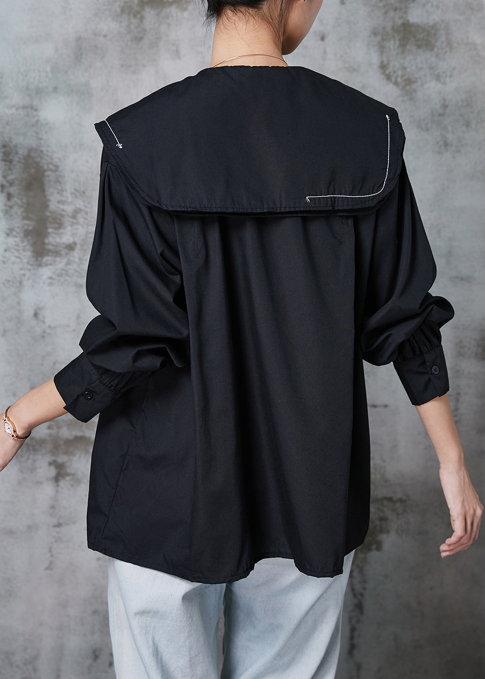 Black Cotton Blouses Double-layer Collar Spring