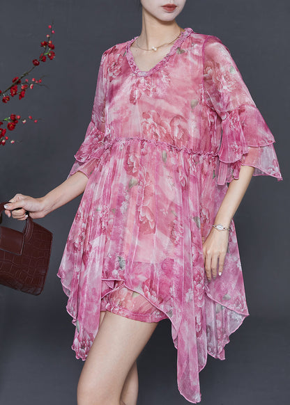 Rose Asymmetrical Print Chiffon Mini Dress Two Piece Set Summer