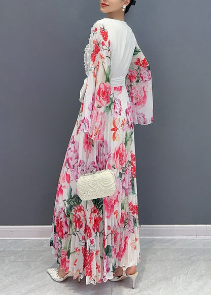 White O-neck Ruffled Patchwork Tie Waist Chiffon Long Dress Long Sleeve