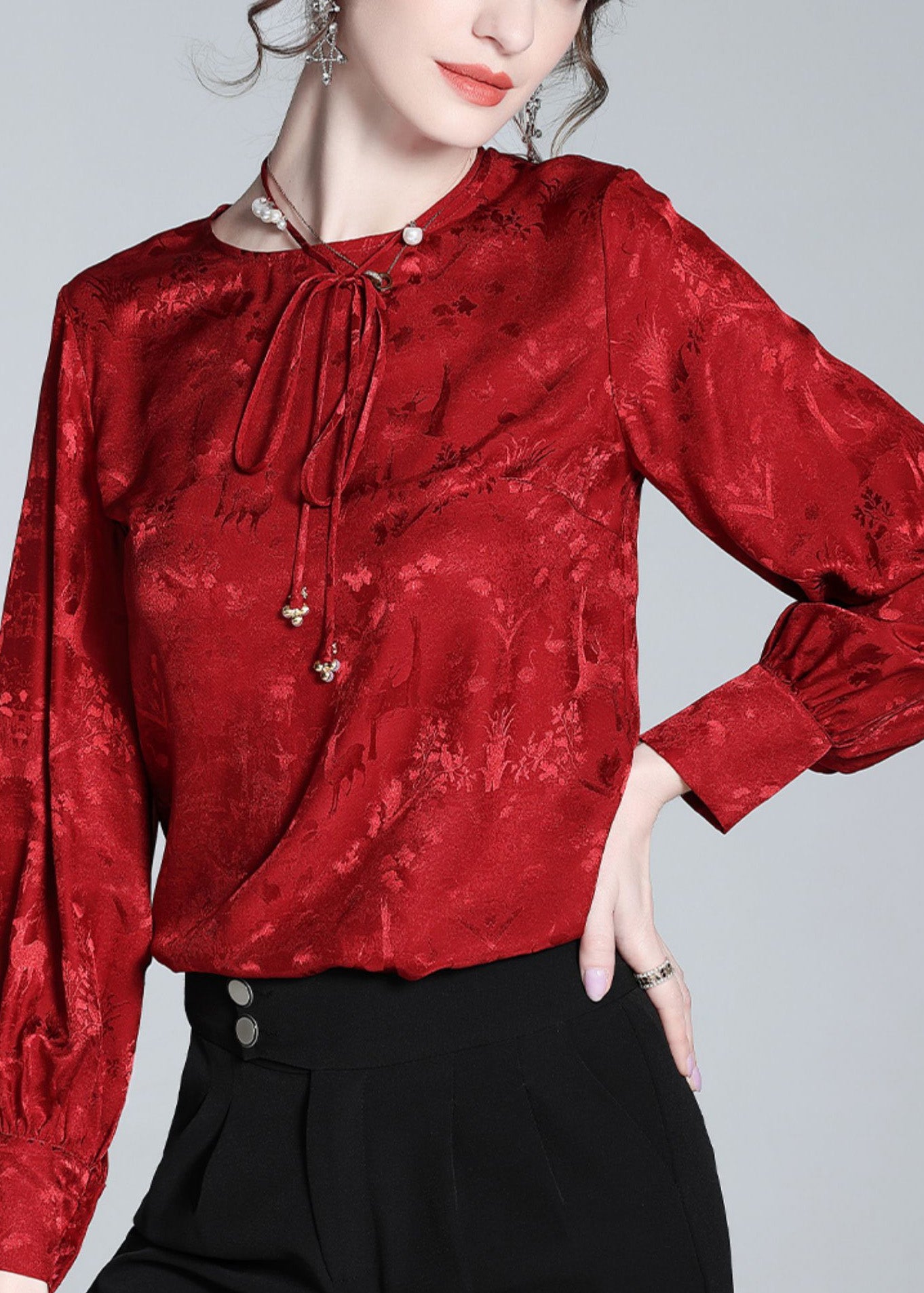 Jacquard Red O-neck Neck Tiie Silk Shirt Spring