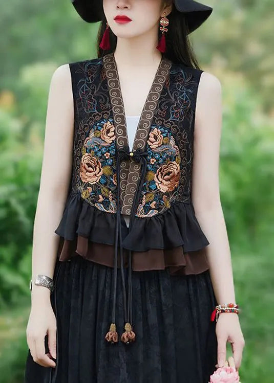Black Ruffled Tasseled Patchwork Silk Waistcoat Sleeveless
