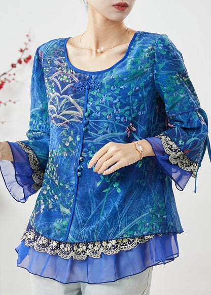 Blue Print Patchwork Chiffon Shirt Spring