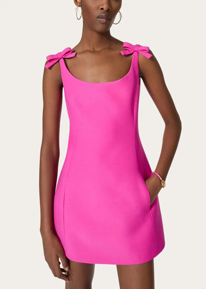 New Rose Bow Pockets Cotton Mini Dress Sleeveless