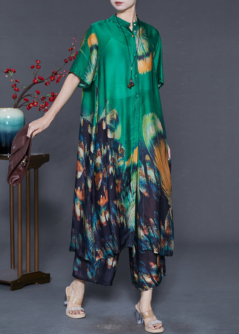 Green Oversized Print Silk Two Piece Suit Set Summer