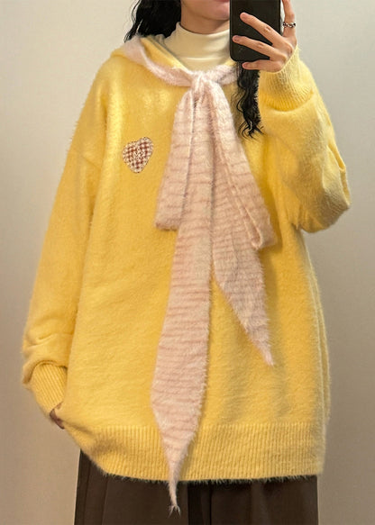 Yellow Hooded Lace Up Patchwork Knit Sweater Spring