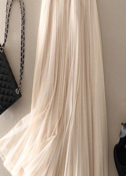 Style Apricot Wrinkled Patchwork Tulle Pleated Skirt Spring