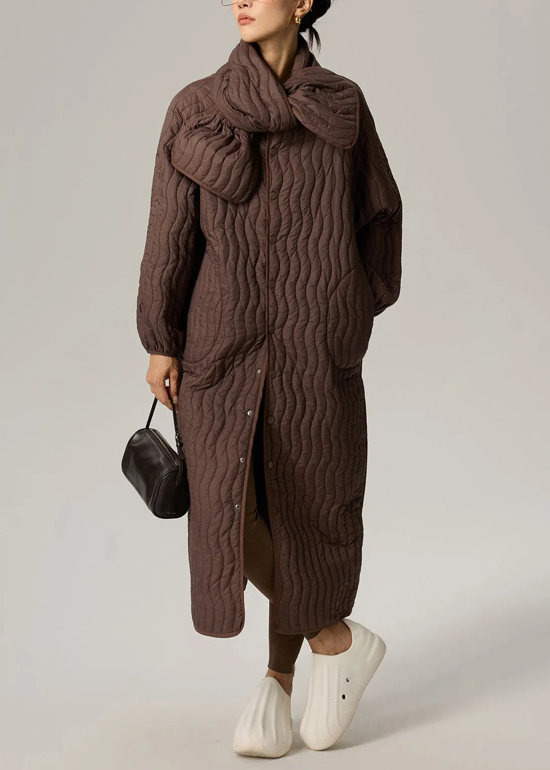 Brown Button Pockets Oversized Cotton Filled Two Pieces Set O Neck