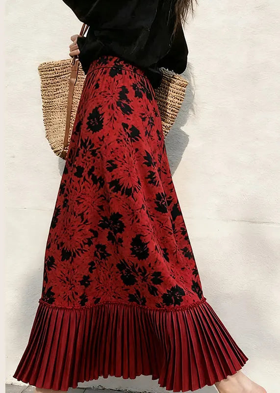 Simple Red Print Patchwork Silk Velvet Pleated Skirt Spring