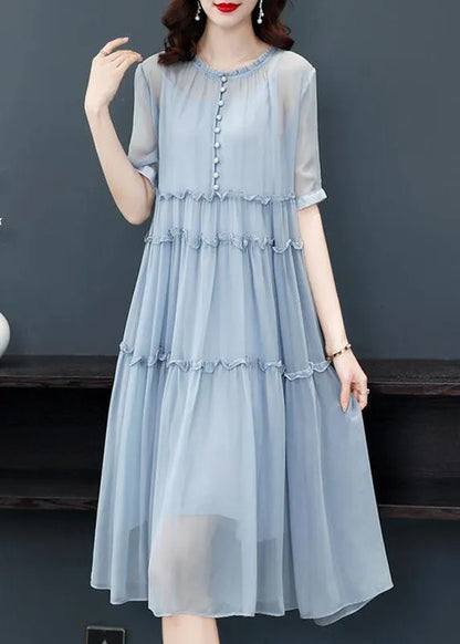 Simple Blue O-neck Wrinkled Patchwork Silk Two Pieces Set Dress Summer
