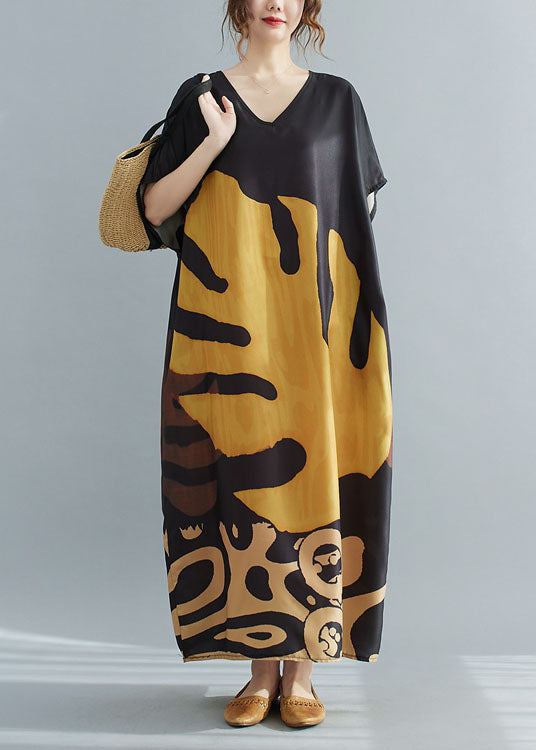 Loose Black V Neck Oversized Leaf Print Chiffon Long Dress Short Sleeve Summer