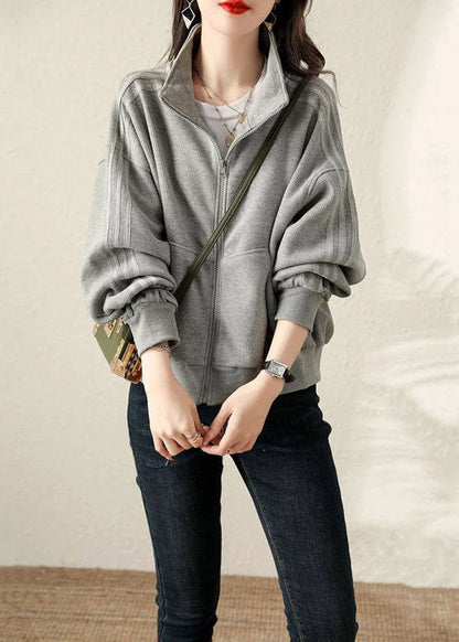 Grey Oversized Cotton Sweatshirt Coat Fall