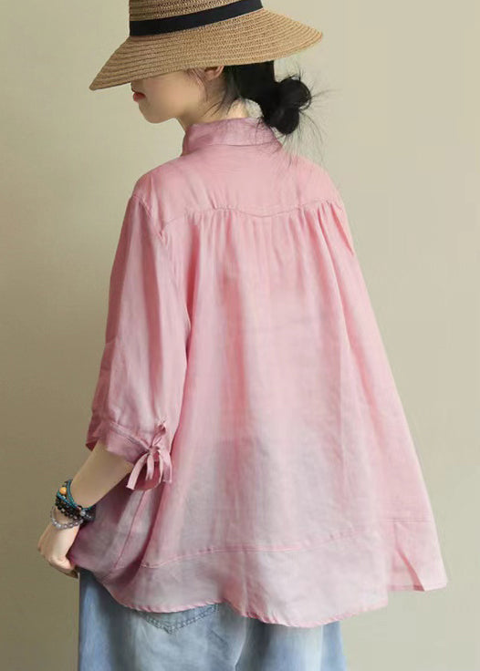 Pink Peter Pan Collar Patchwork Cotton Shirt Top Summer