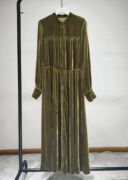 Green Button Ruffled Silk Velour Shirts Long Dresses Fall