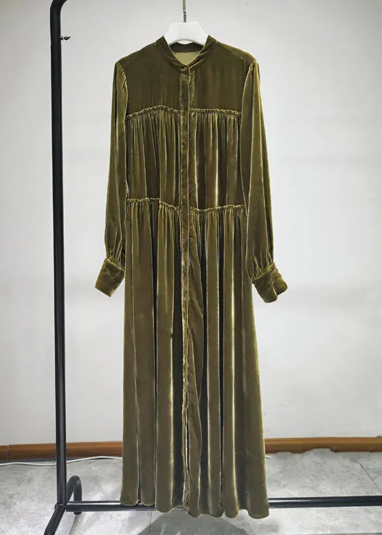 Green Button Ruffled Silk Velour Shirts Long Dresses Fall