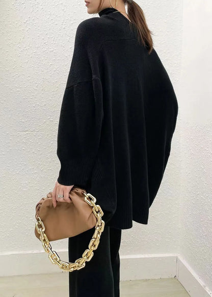 Italian Black Hign Neck Cozy Knit Two Piece Set Outfits Batwing Sleeve