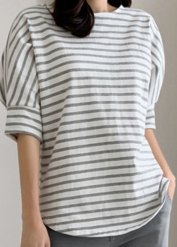 Diy Grey Striped O Neck Cotton T Shirt Tops Puff Sleeve